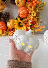 Load image into Gallery viewer, Seasonal Autumn Halloween Soft Grey LED Light Up Ceramic Pumpkin Set Of 2