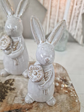 Load image into Gallery viewer, Spring Grey Glazed Bunny With Flower Figure Set Of 2