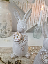 Load image into Gallery viewer, Spring Grey Glazed Bunny With Flower Figure Set Of 2