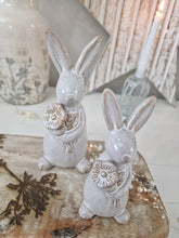 Load image into Gallery viewer, Spring Grey Glazed Bunny With Flower Figure Set Of 2