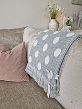 Load image into Gallery viewer, Retreat Home Soft Dove Grey Woven Fringe Polka Dot Throw