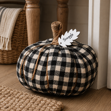 Load image into Gallery viewer, Black & White Gingham Fabric Pumpkin With Snuggle Tag Doorstop