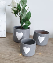 Load image into Gallery viewer, Grey Ceramic Decorative Pots With White Heart Detail Set Of 3