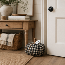 Load image into Gallery viewer, Black & White Gingham Fabric Pumpkin With Snuggle Tag Doorstop