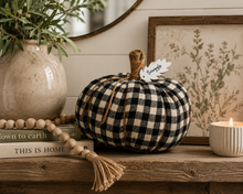Load image into Gallery viewer, Black & White Gingham Fabric Pumpkin With Snuggle Tag Doorstop