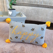 Load image into Gallery viewer, Bee Happy Mustard Pom Pom Cushion