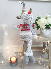Load image into Gallery viewer, Fluffy Grey Sitting Reindeer In Chevron Jumper