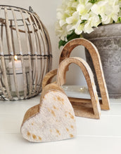 Load image into Gallery viewer, Natural Wooden Sleeping Hearts With Faux Cow Print Edge