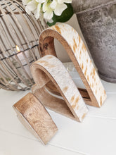 Load image into Gallery viewer, Natural Wooden Sleeping Hearts With Faux Cow Print Edge