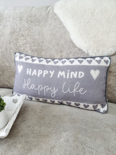 Load image into Gallery viewer, Grey Happy Mind Happy Life Heart Cushion