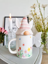 Load image into Gallery viewer, Spring Floral Bunny Mug With Gnome Lid