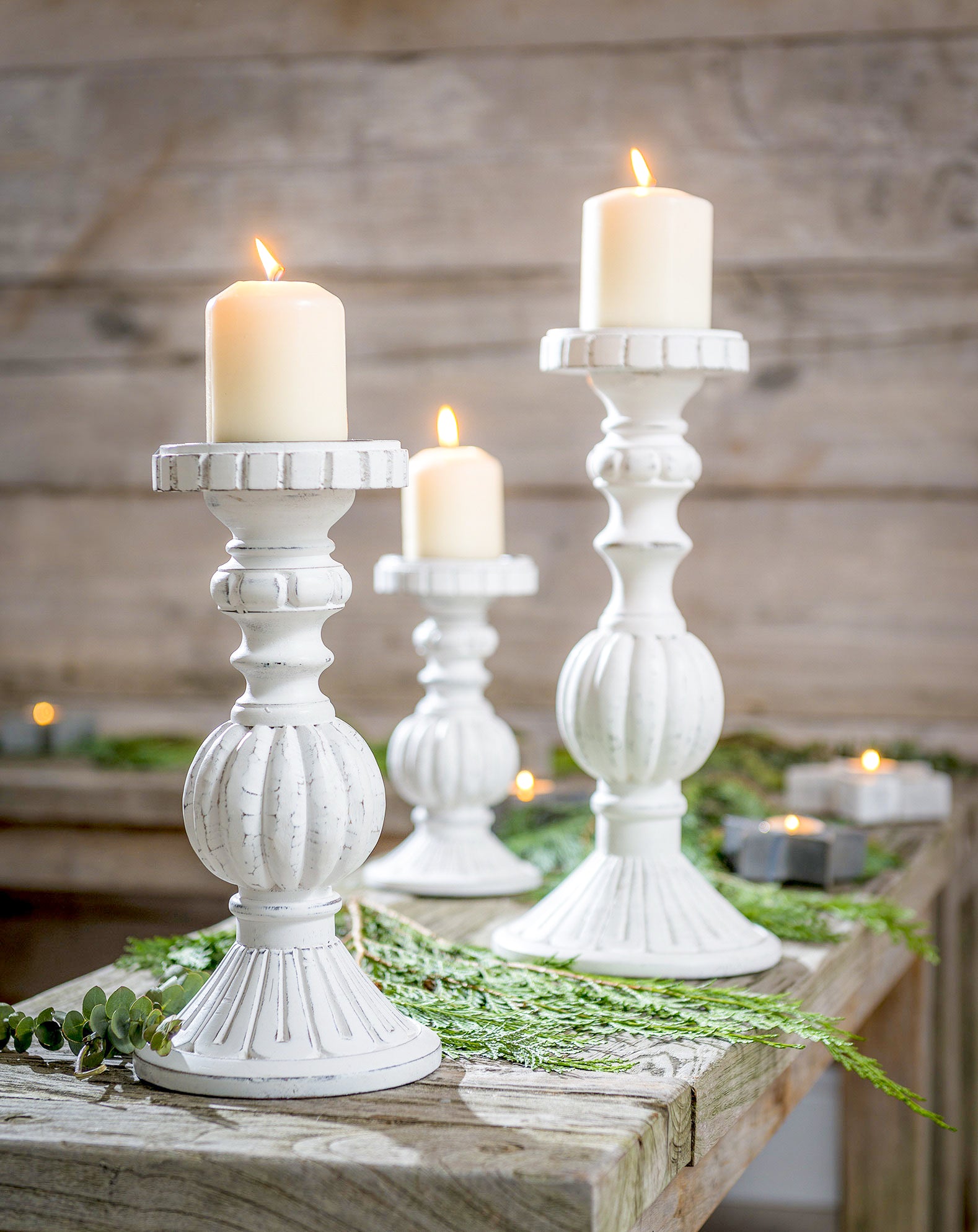 White Natural Wood Carved Candle Sticks - 3 Sizes - Peony Blossom