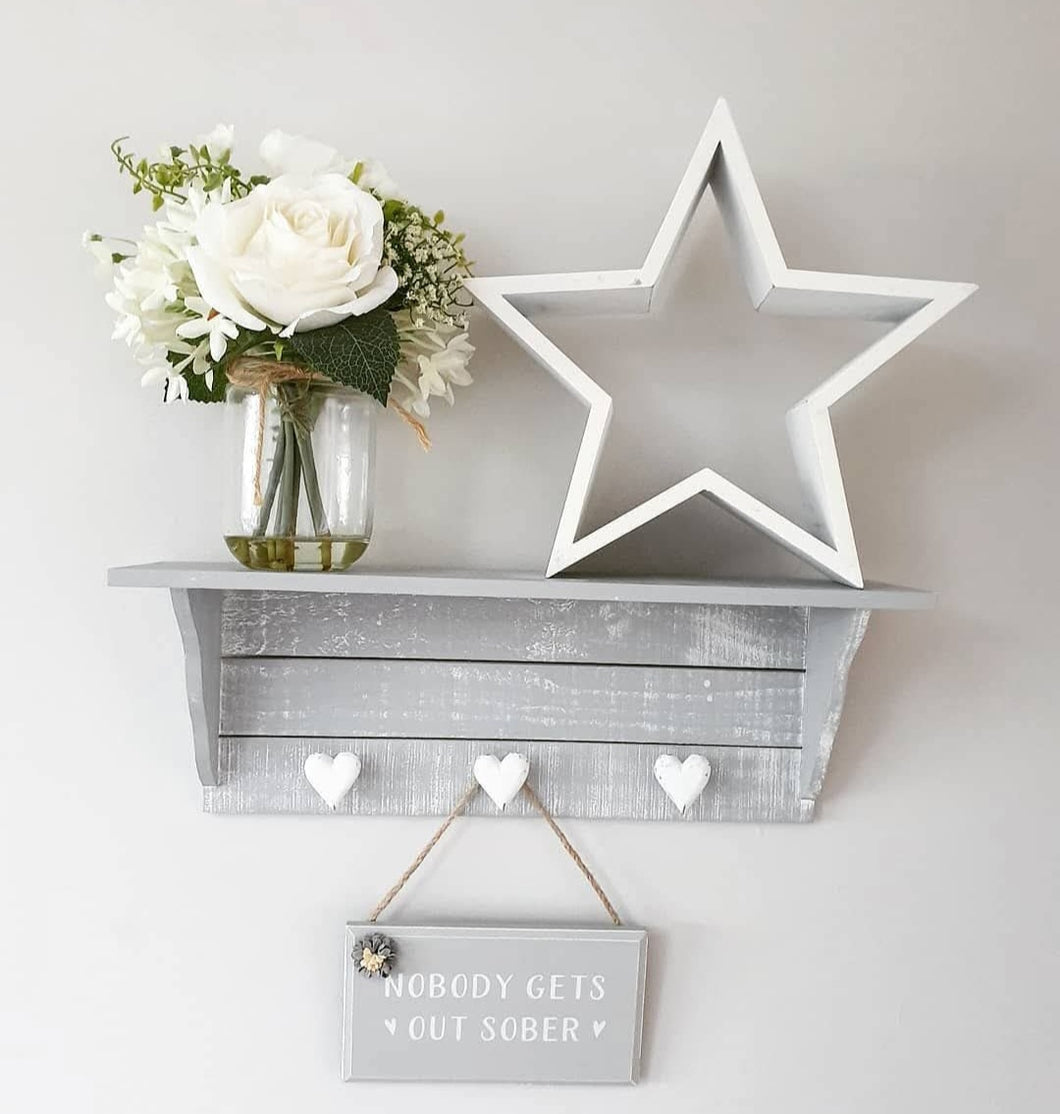 Shabby Chic Distressed Style Grey Shelf With Triple White Heart Pegs