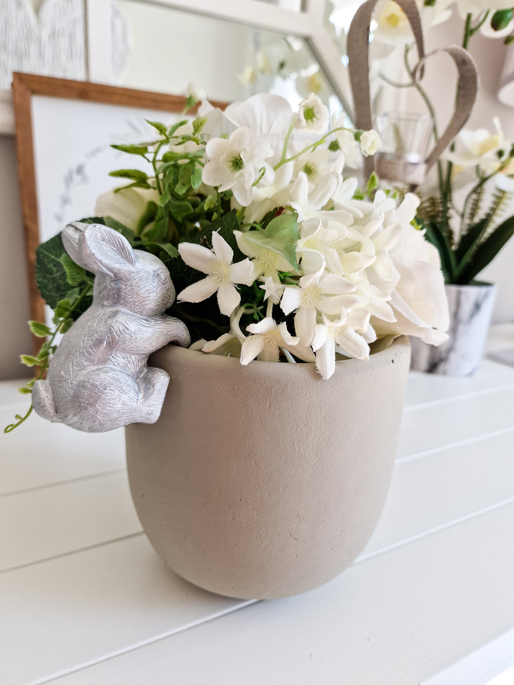 Grey Cement Planter With Silver Bunny Hanger