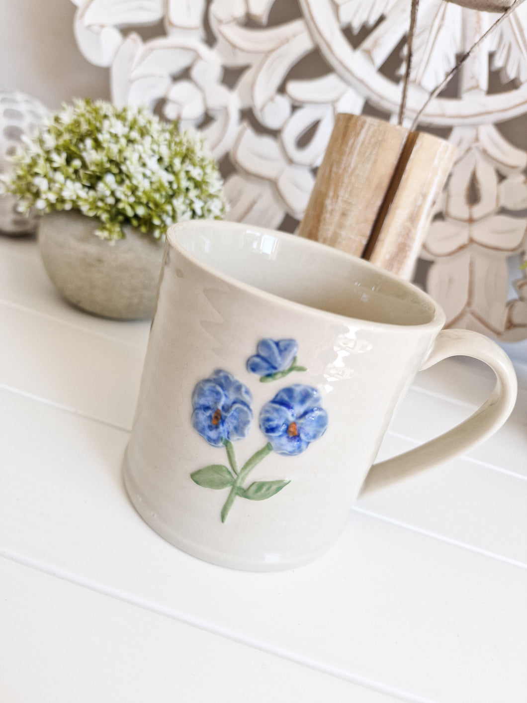 Cream Stoneware Blue Viola & Butterfly Mug