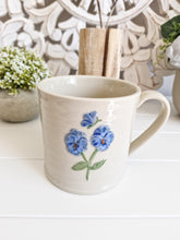 Load image into Gallery viewer, Cream Stoneware Blue Viola &amp; Butterfly Mug
