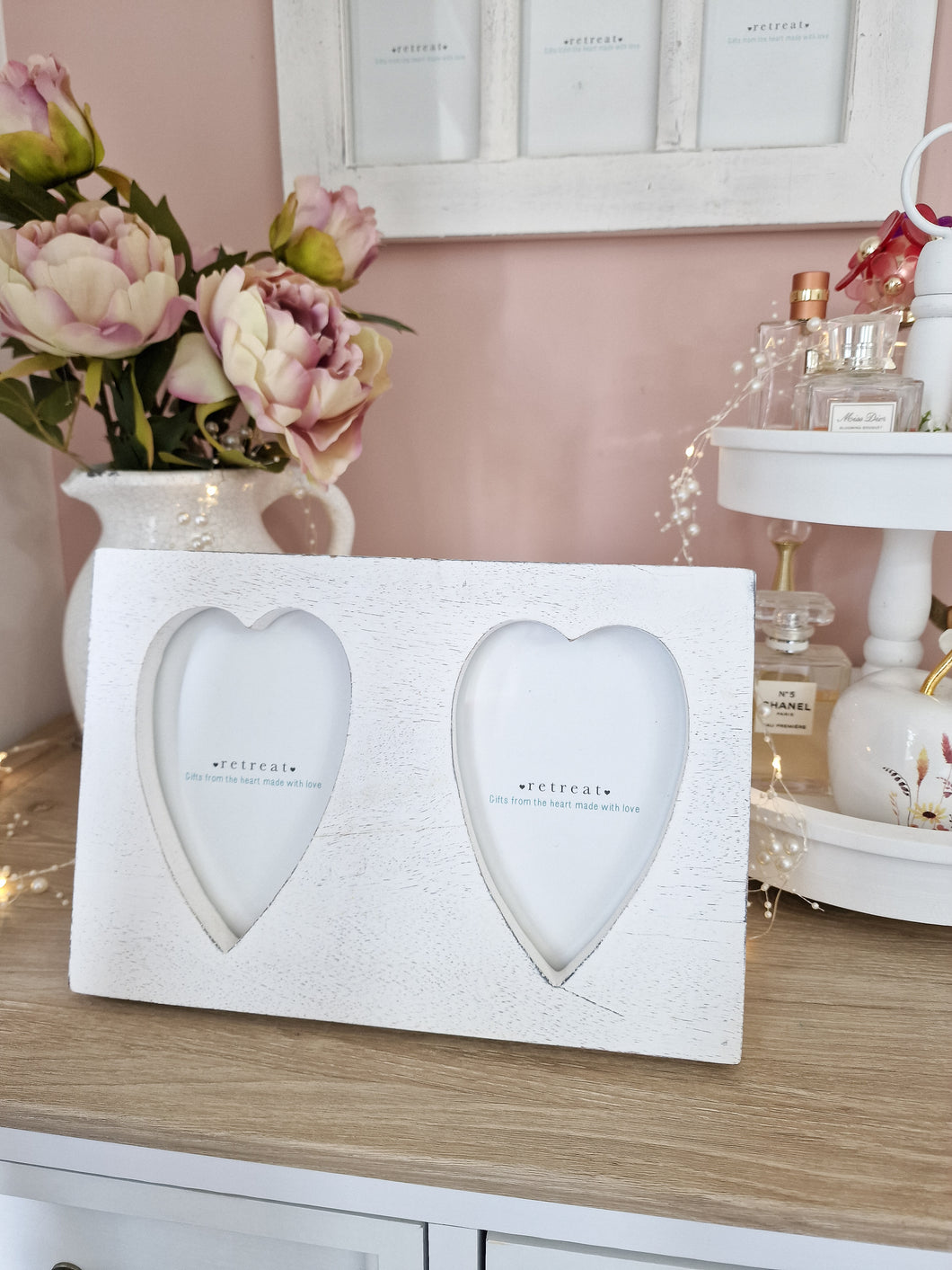 White Natural Wood Double Heart Photo Frame