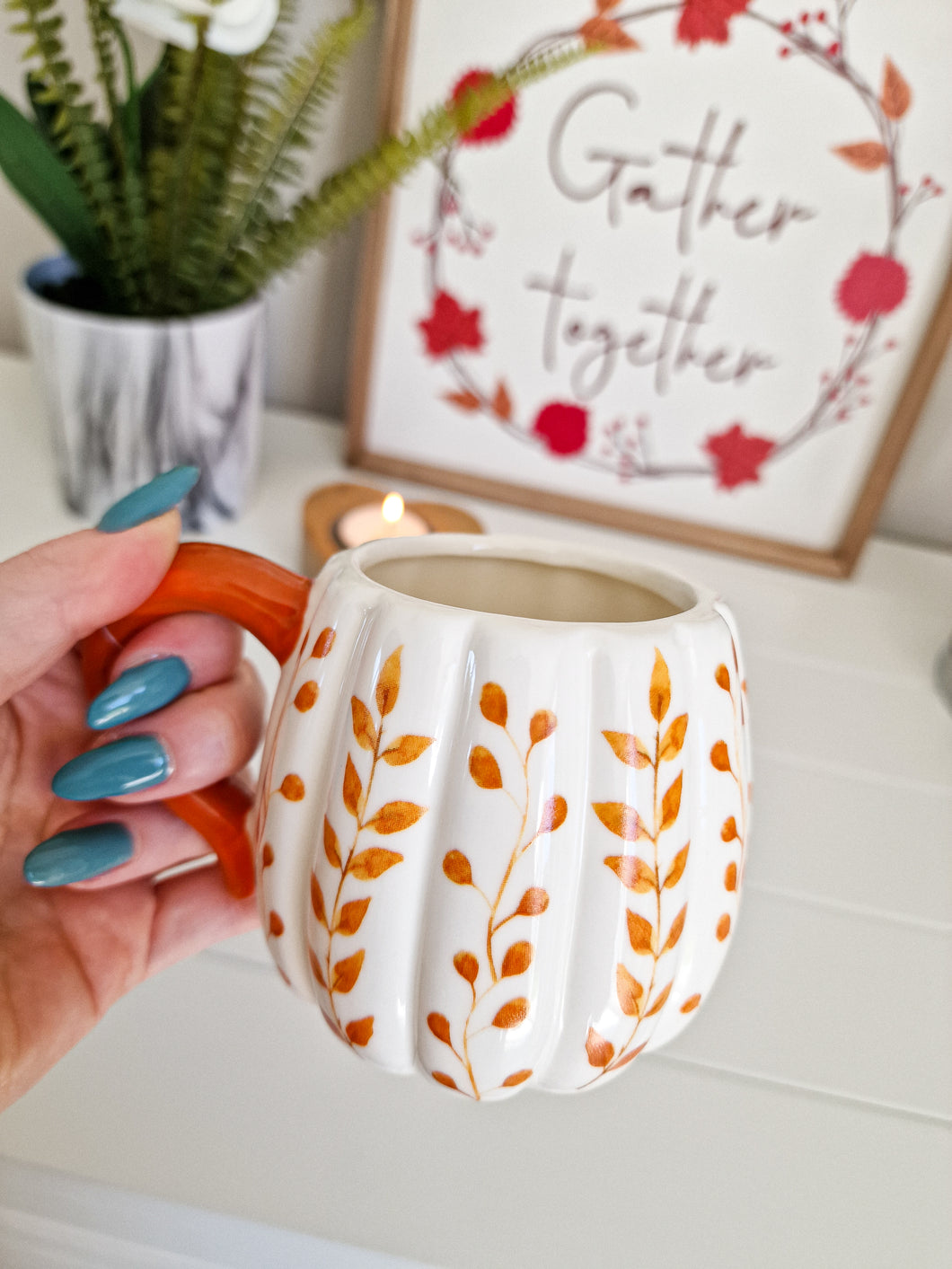 White & Orange Leaf Detailed Pumpkin Mug