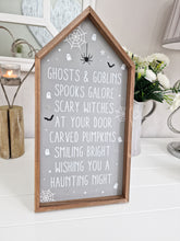 Load image into Gallery viewer, Haunted House Grey/White Halloween Plaque
