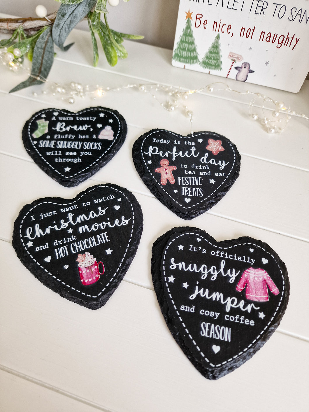 Festive Detailed Cosy Heart Shaped Slate Coasters Set 4