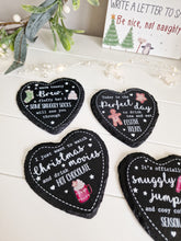 Load image into Gallery viewer, Festive Detailed Cosy Heart Shaped Slate Coasters Set 4
