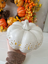 Load image into Gallery viewer, Seasonal Autumn Halloween Soft Grey LED Light Up Ceramic Pumpkin Set Of 2
