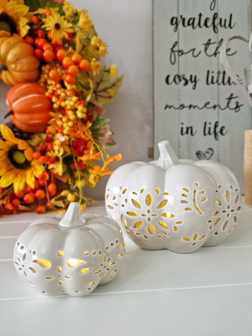 Seasonal Autumn Halloween Soft Grey LED Light Up Ceramic Pumpkin Set Of 2
