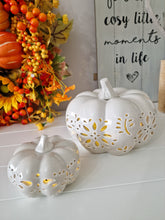 Load image into Gallery viewer, Seasonal Autumn Halloween Soft Grey LED Light Up Ceramic Pumpkin Set Of 2
