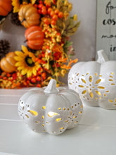 Load image into Gallery viewer, Seasonal Autumn Halloween Soft Grey LED Light Up Ceramic Pumpkin Set Of 2
