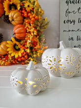 Load image into Gallery viewer, Seasonal Autumn Halloween Soft Grey LED Light Up Ceramic Pumpkin Set Of 2
