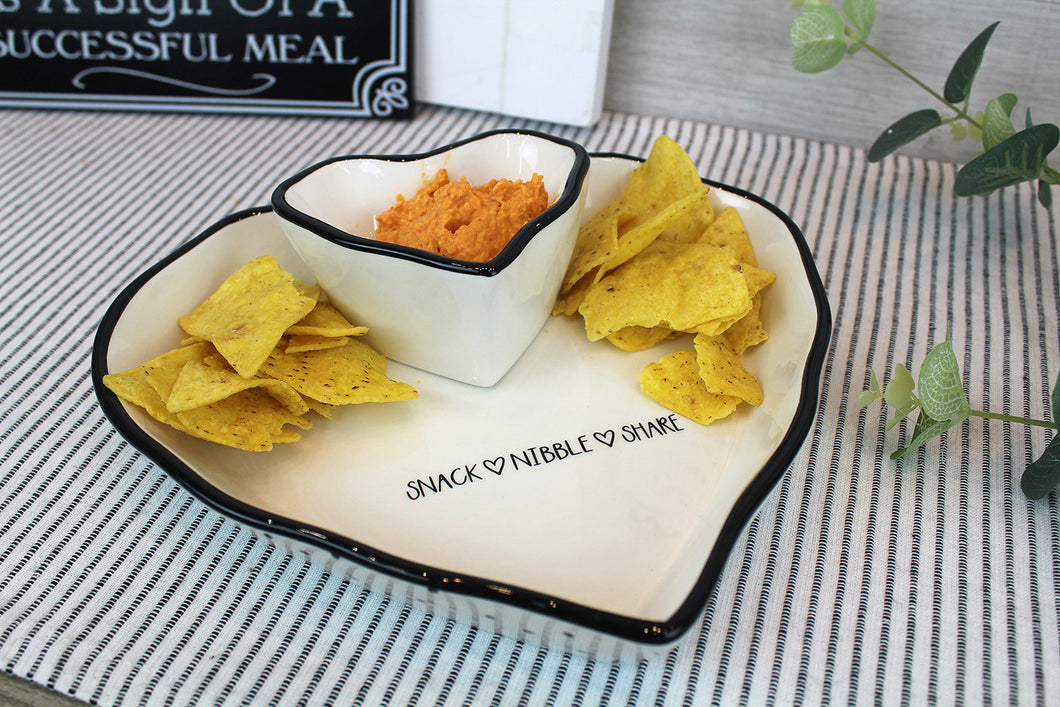 Heart Shaped White With Black Trim Snack Dish