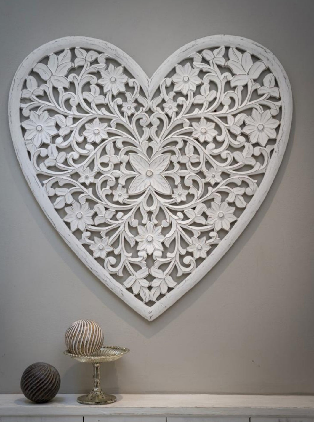 White Natural Wooden XL Floral Wall Heart