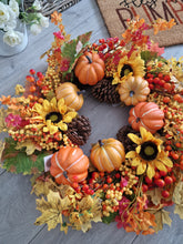 Load image into Gallery viewer, Seasonal Autumn Halloween Pumpkin Leafy Floral Wreath 65cm
