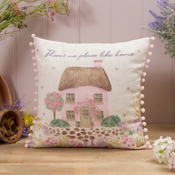 No Place Like Home Cosy Pink Cottage Pom Pom Cushion