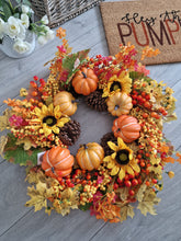 Load image into Gallery viewer, Seasonal Autumn Halloween Pumpkin Leafy Floral Wreath 65cm
