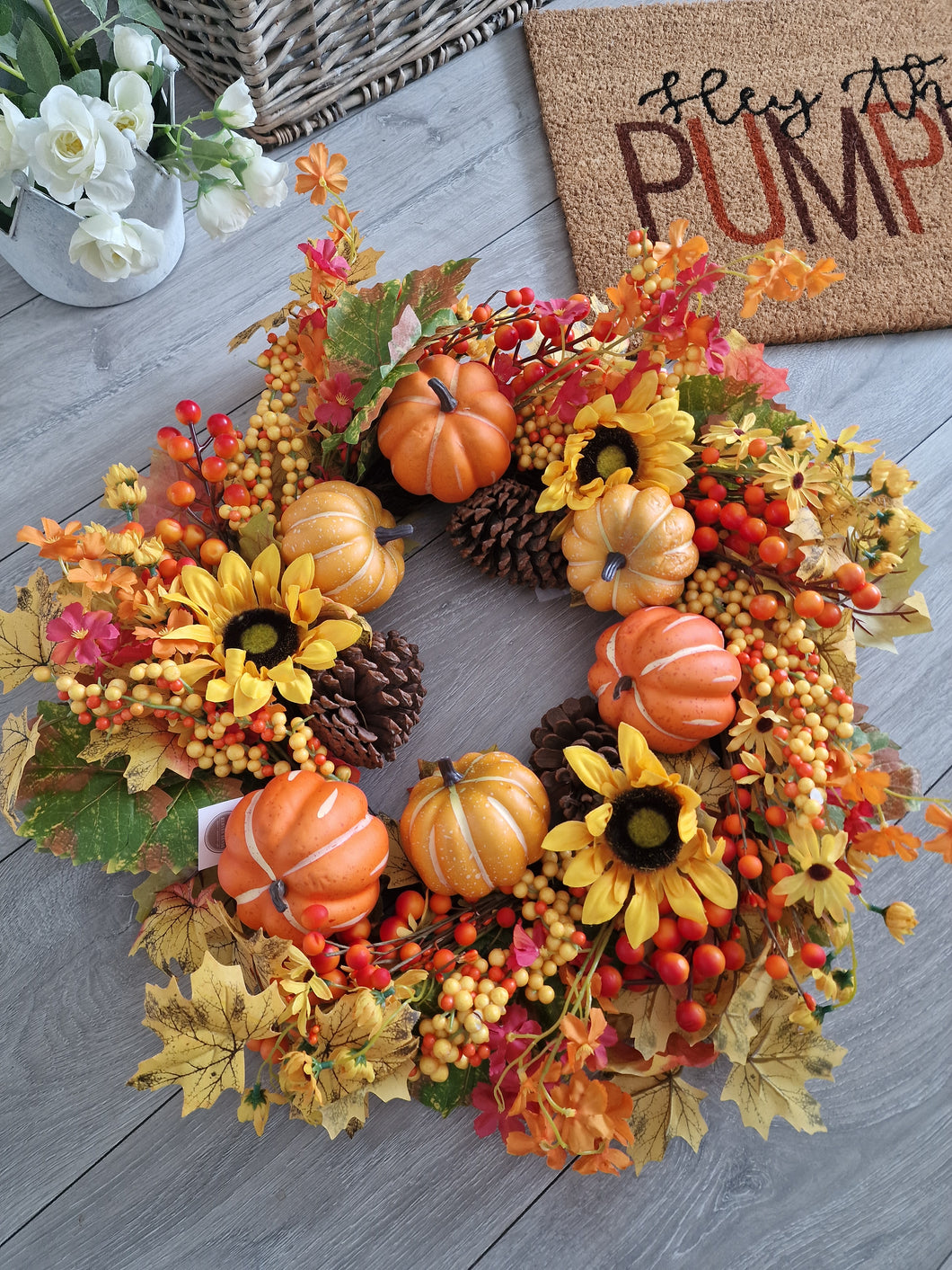 Seasonal Autumn Halloween Pumpkin Leafy Floral Wreath 65cm
