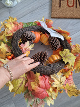 Load image into Gallery viewer, Seasonal Autumn Halloween Pumpkin Leafy Floral Wreath 65cm
