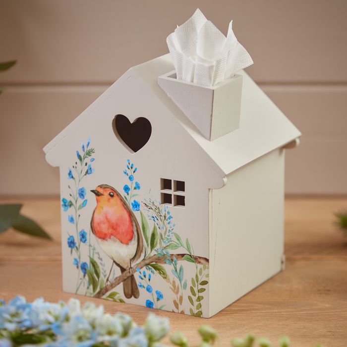 Autumnal Robin & Forget Me Not Floral Heart Tissue Box