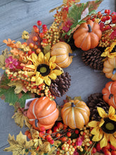 Load image into Gallery viewer, Seasonal Autumn Halloween Pumpkin Leafy Floral Wreath 65cm
