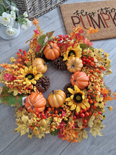 Load image into Gallery viewer, Seasonal Autumn Halloween Pumpkin Leafy Floral Wreath 65cm

