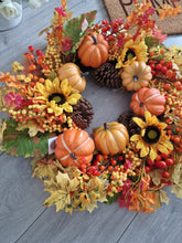 Load image into Gallery viewer, Seasonal Autumn Halloween Pumpkin Leafy Floral Wreath 65cm
