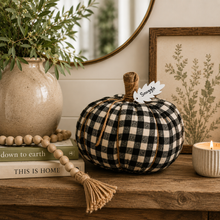Load image into Gallery viewer, Black &amp; White Gingham Fabric Pumpkin With Snuggle Tag Doorstop
