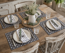 Load image into Gallery viewer, Grey &amp; White Polka Dot Heart Placemats - Set 4
