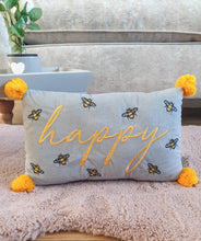 Load image into Gallery viewer, Bee Happy Mustard Pom Pom Cushion
