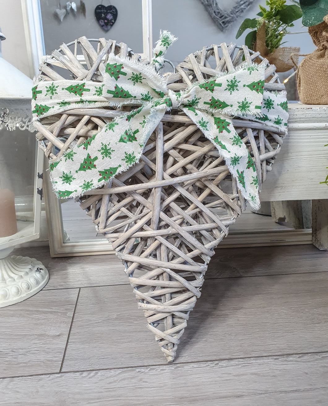 Grey Wicker Heart With Christmas Bow