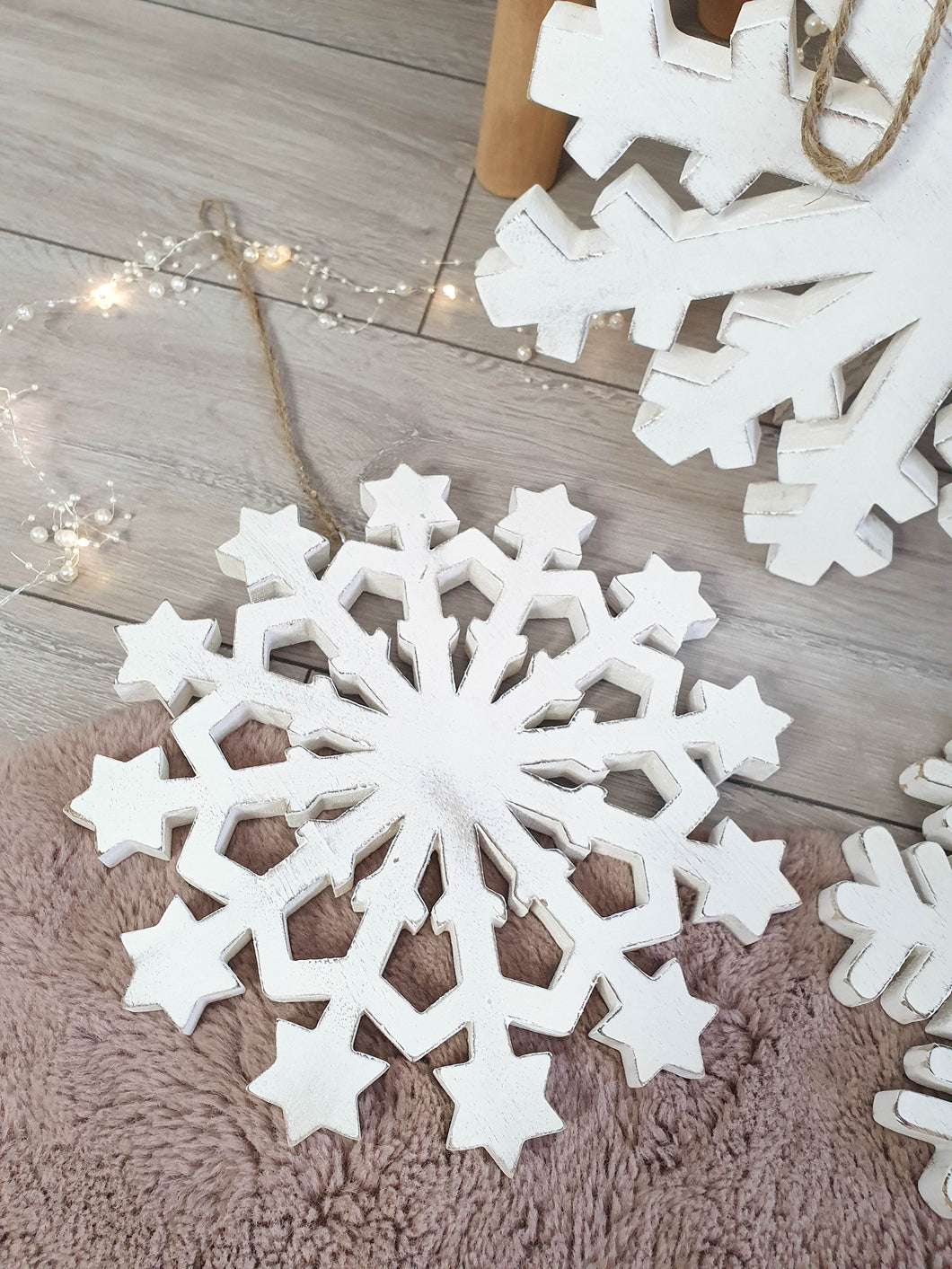 Natural Wood White Hand Carved Hanging Snowflake - 3 Styles