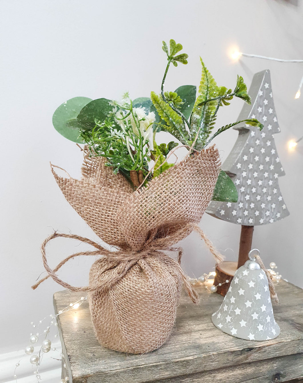 Frosted Eucalyptus Foliage Wrapped In Hessian