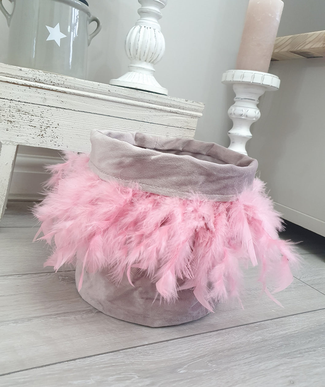 Blush Pink Velvet Storage Bag With Feather Band