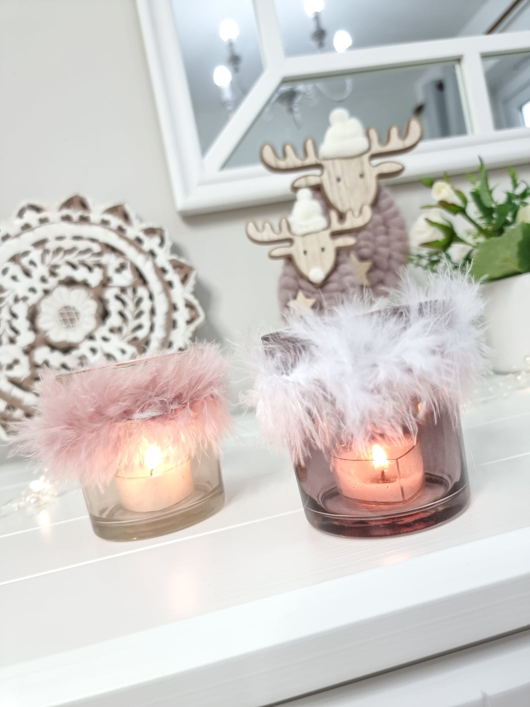 Pink & White Feather Trim Candle Holder - Set 2