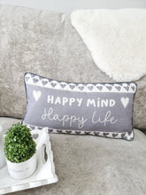 Load image into Gallery viewer, Grey Happy Mind Happy Life Heart Cushion
